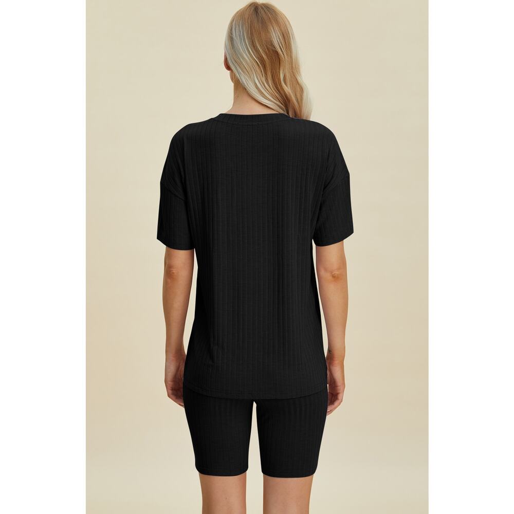 BASIC BAE Plus Black Ribbed V-Neck Short Sleeve Top Shorts Set NEW - Picture 3 of 6